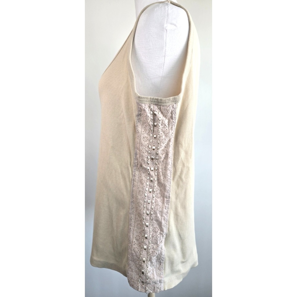 Tribal Lace Tank Top Ribbed Knit Henley Round Neck Pastel Yellow Beige Quiet Lux - Picture 4 of 16